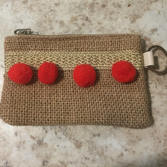 $5 ADD ON!  Burlap and Faux Leather Card Wallet with Key Ring - Picture 1 of 2